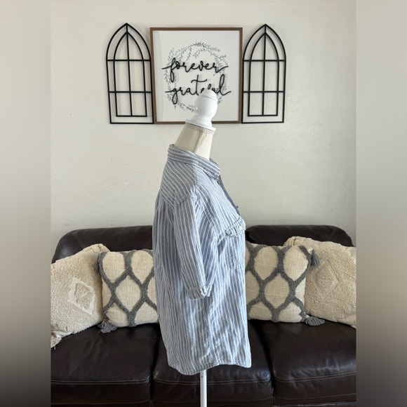 Merona Classic Blue Pinstriped Linen Blend Short Sleeve Button Down Shirt Sz M - Picture 4 of 11